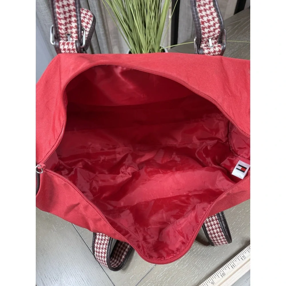 Vintage Tommy Hilfiger Red Tote Duffle Bag houndstooth Straps 90s Fashion‎